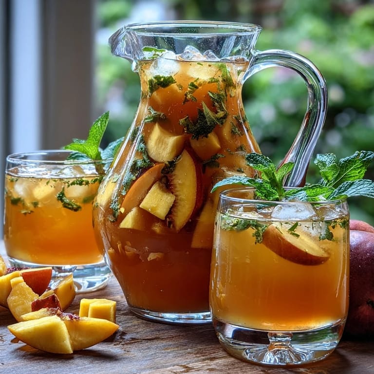 2. Detalle de frutas frescas como mango, durazno y limón en una sangría sin alcohol, perfecta para reuniones de verano.  