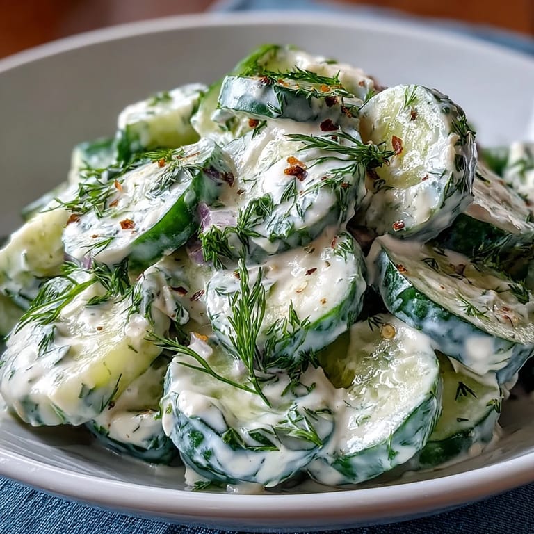 Deliciosa ensalada de pepino y yogur griego con eneldo fresco, ideal como guarnición refrescante para comidas de verano.  