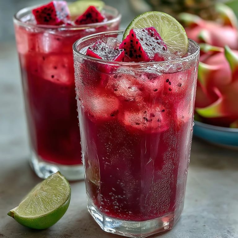 Deliciosa bebida helada de mango y pitahaya con lima, fácil de preparar y llena de sabor.