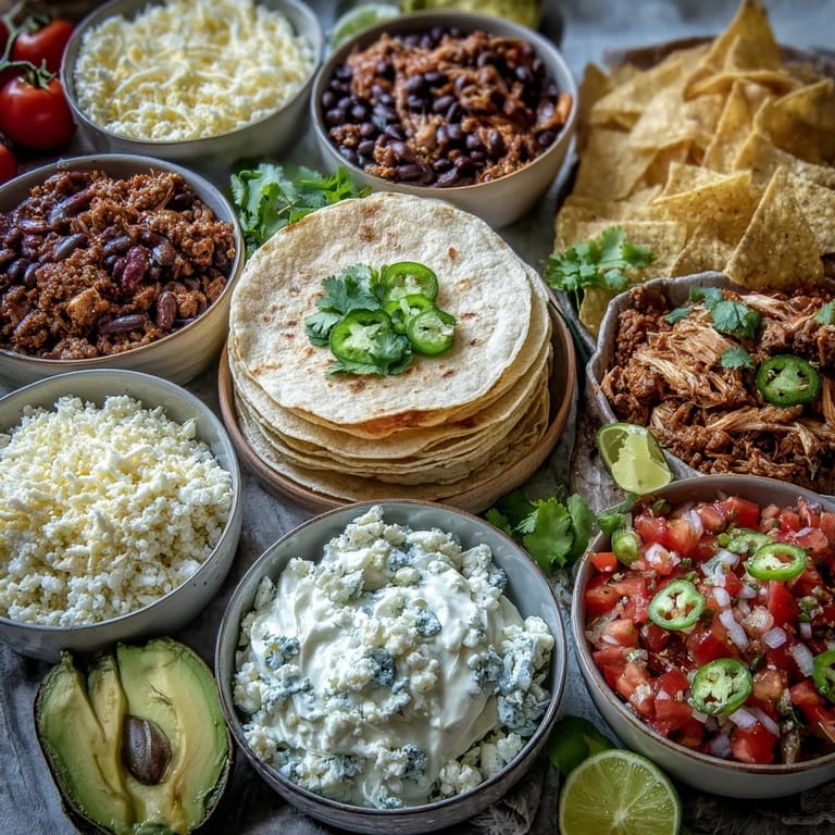 Mesa de tacos interactiva con proteínas, toppings coloridos y queso, ideal para que los invitados creen sus propias combinaciones.