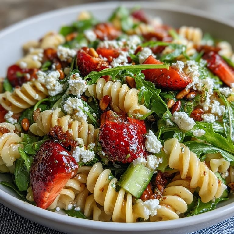 Ensalada de pasta con fresas, queso feta y rúcula, perfecta para comidas ligeras de primavera.