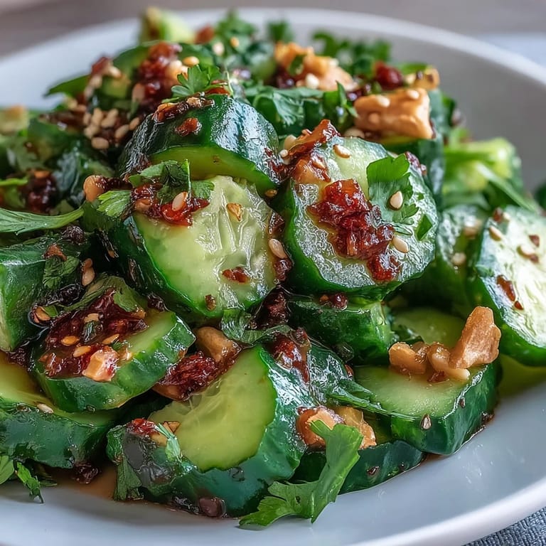 Ensalada de pepino machacado con aceite de ajo y chile, vibrante y aromática, perfecta como acompañamiento ligero.