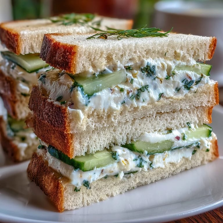 Sándwiches de dedo con mantequilla de limón brillante, pepino crujiente y hierbas frescas, ideales para una fiesta de té.
