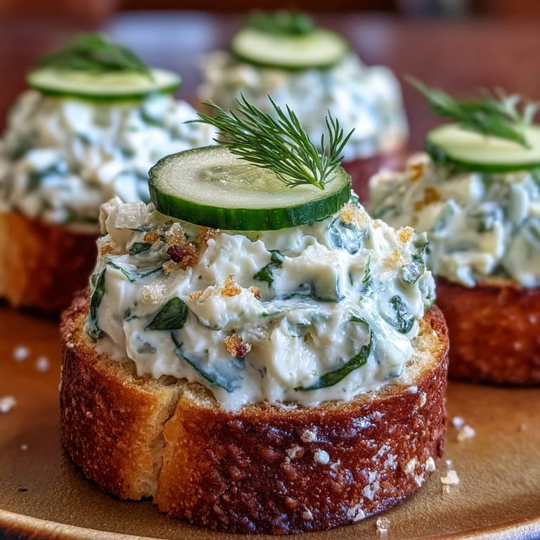 Canapés de pepino Benedictine con crema y eneldo fresco, listos para servir.