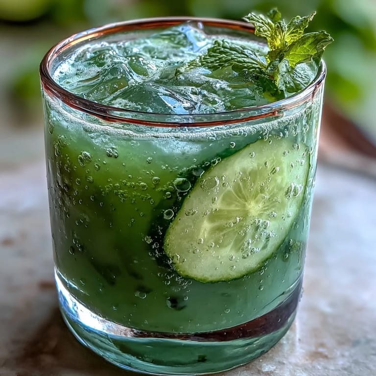 Disfruta esta vibrante agua fresca de pepino y menta verde, revitalizante y dulce.