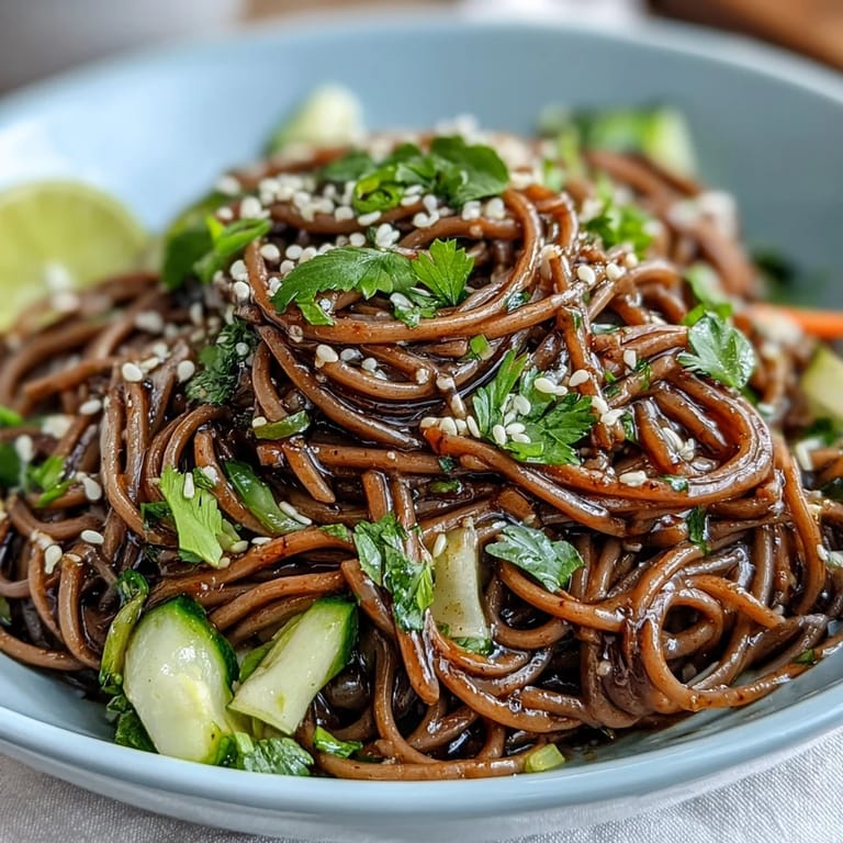 Plato vibrante de fideos soba fríos, vegetales crujientes y aderezo de jengibre sésamo.