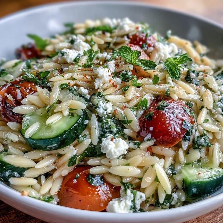 Refrescante ensalada de orzo con feta desmoronada y aderezo de limón servida.