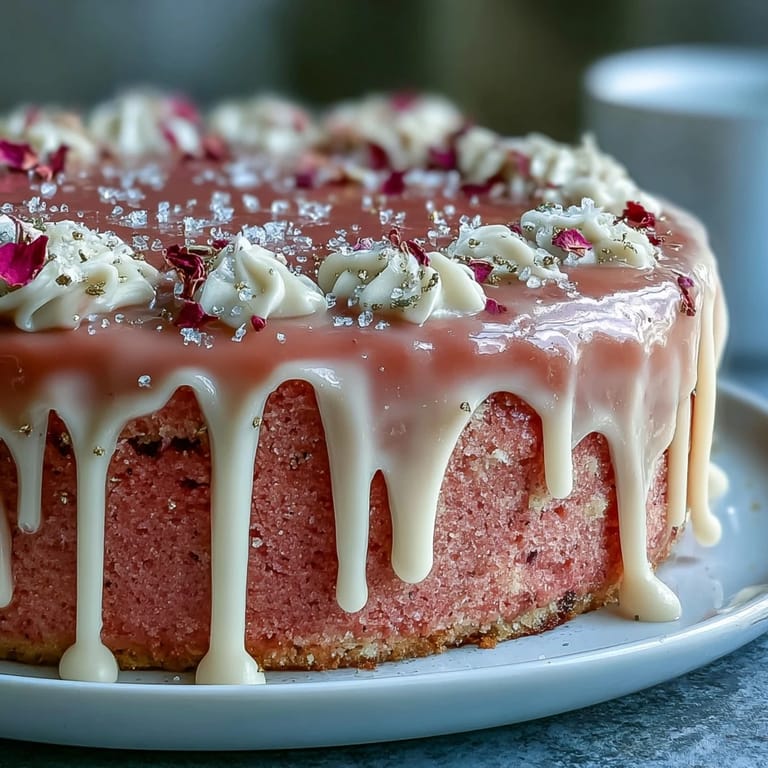 Delicioso pastel de terciopelo rosado infusionado con rosé, terminado con un elegante goteo dorado y flores frescas.