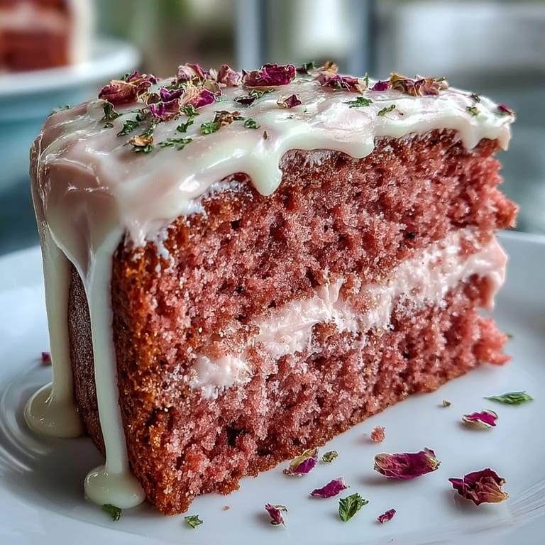 Pastel de terciopelo rosado infusionado con rosado, cubierto con crema de queso y dorado brillante.