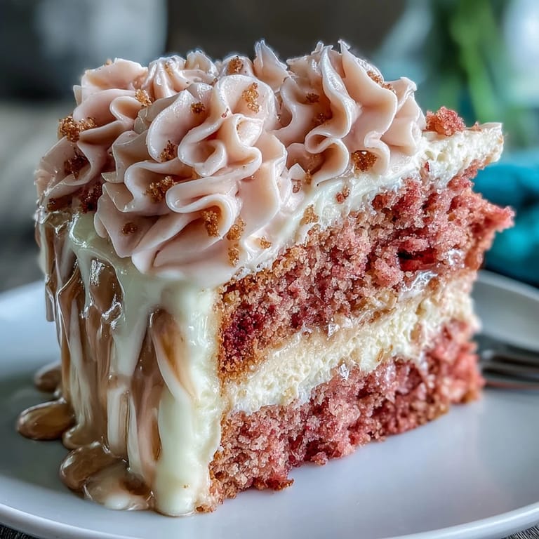 Pastel de terciopelo rosado con sabor a rosado, capas de crema y dorado comestible para un toque sofisticado.