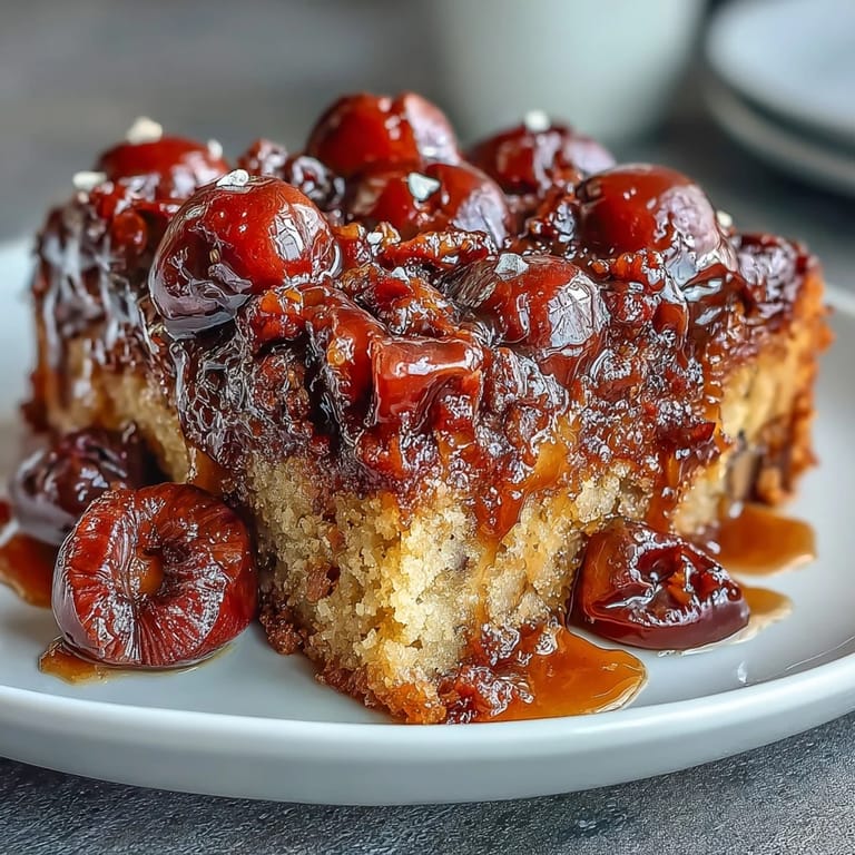 `Cherry Almond Upside-Down Cake` caramelizado cubierto de cerezas dulces, perfecto servido caliente.
