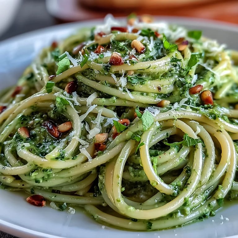 Tazón vibrante de pasta cremosa de aguacate con pesto, listo para cenar.