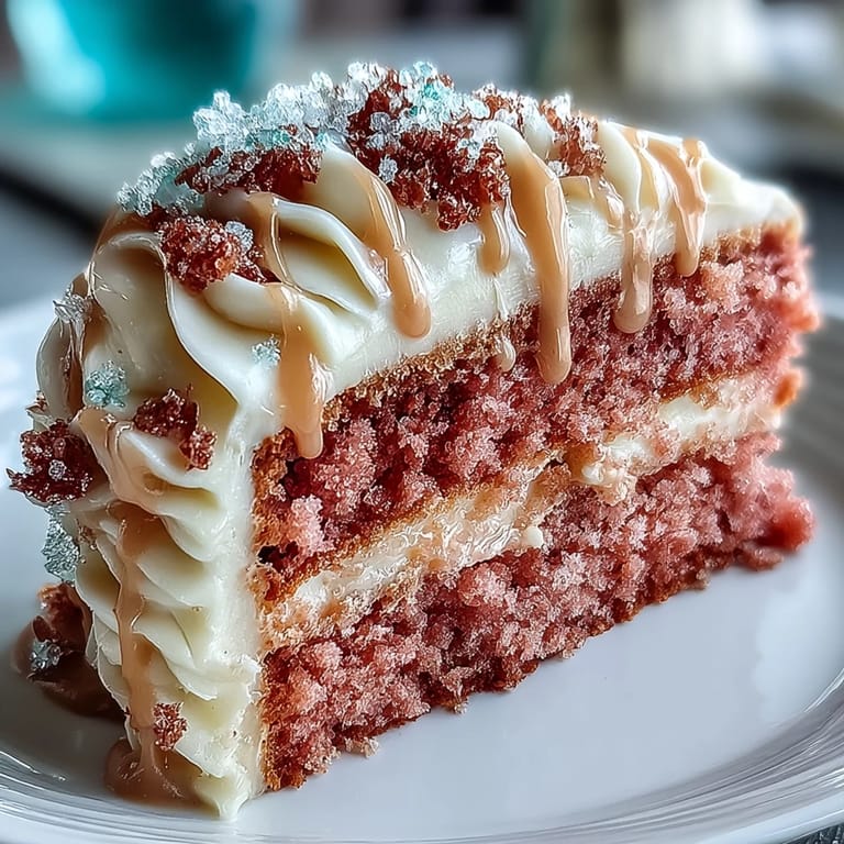 Delicioso pastel de terciopelo rosado infusionado con vino rosado, cubierto con crema de queso y acabado en oro brillante.  