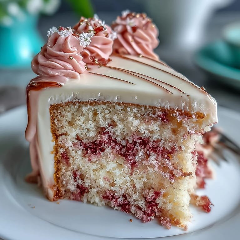 Pastel de terciopelo rosado con sabor a rosado, decorado con una gota de chocolate blanco pintado en oro comestible.