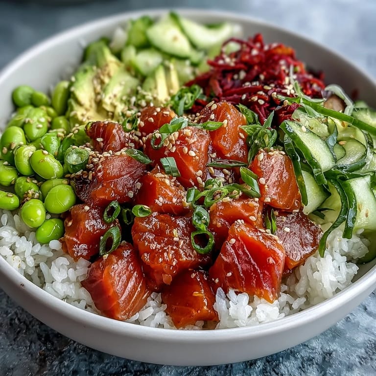 Delicioso bol de salmón poke con edamame y verduras crujientes, ideal para la cena.