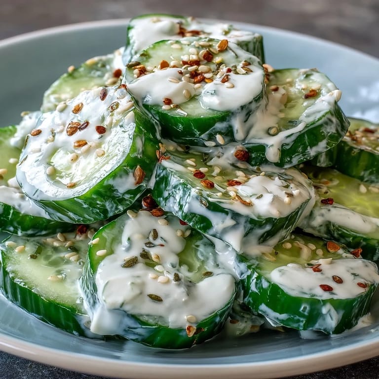 Crujiente ensalada de pepino cubierta con todo sazonador de bagel, ideal como guarnición.