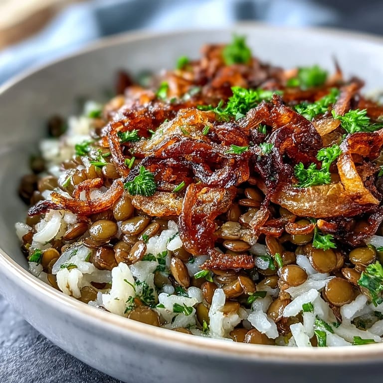 Aromatic Levantine Mujadara, a warm vegetarian dish generously crowned with fried onions.