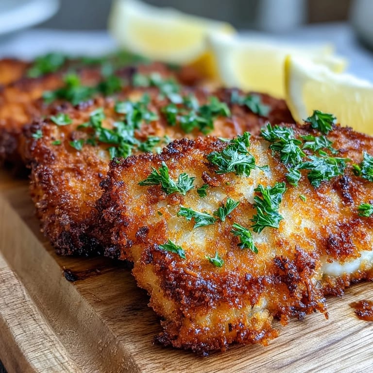 Tierno schnitzel al horno, listo para disfrutar con perejil fresco picado.