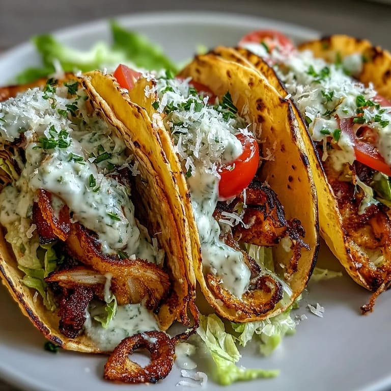 Tacos vegetarianos de col crujiente, adornados con tomates y queso rallado.