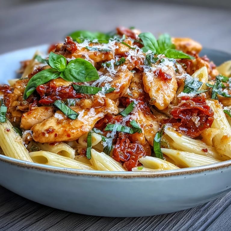 Pollo con pasta en salsa cremosa de tomate y albahaca, listo para servir.
