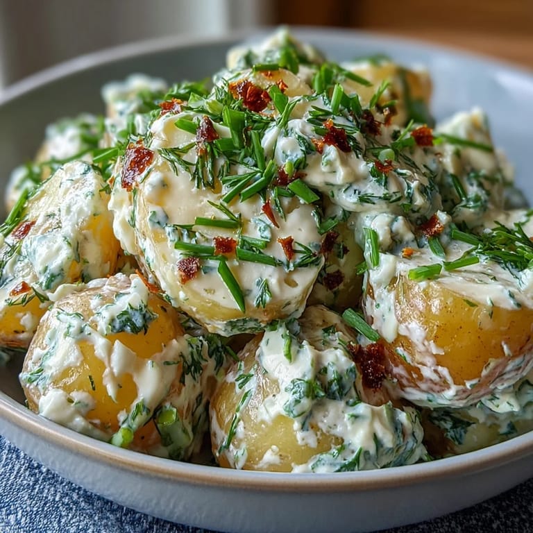 Foto de ensalada de papa ranch con queso cottage, cremosa y llena de sabor, perfecta para barbacoas.