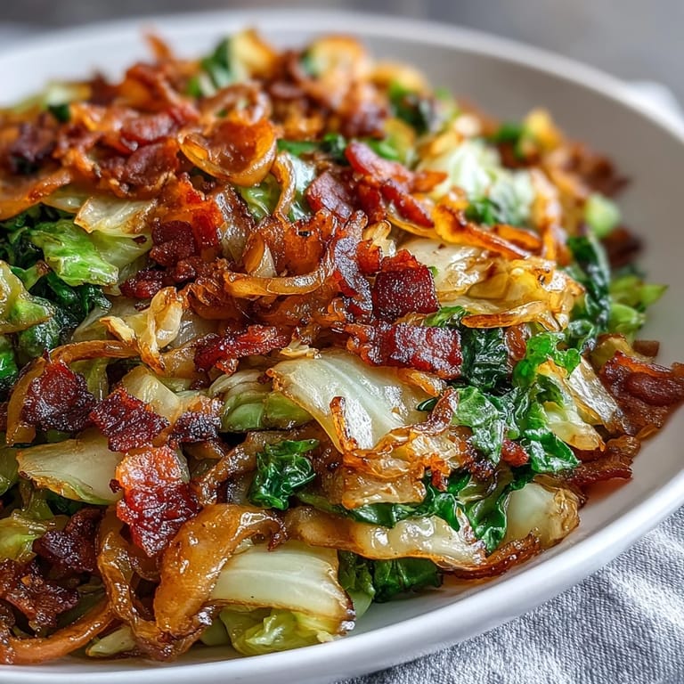 Plato sureño de repollo frito con tocino y cebollas, un deleite culinario.