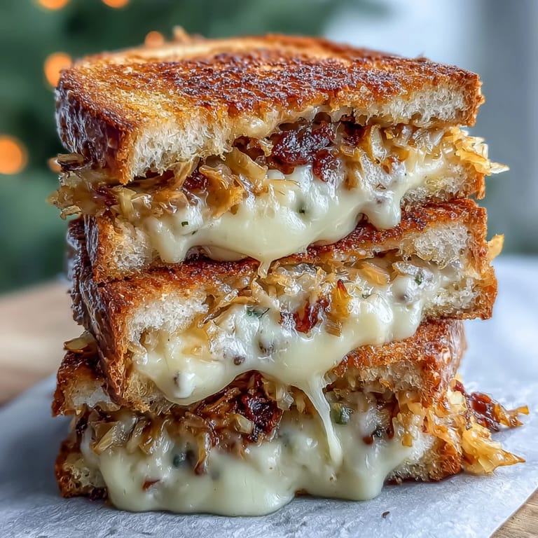 Sándwich de queso a la parrilla y col fermentada, cremoso y tostado, listo para disfrutar.