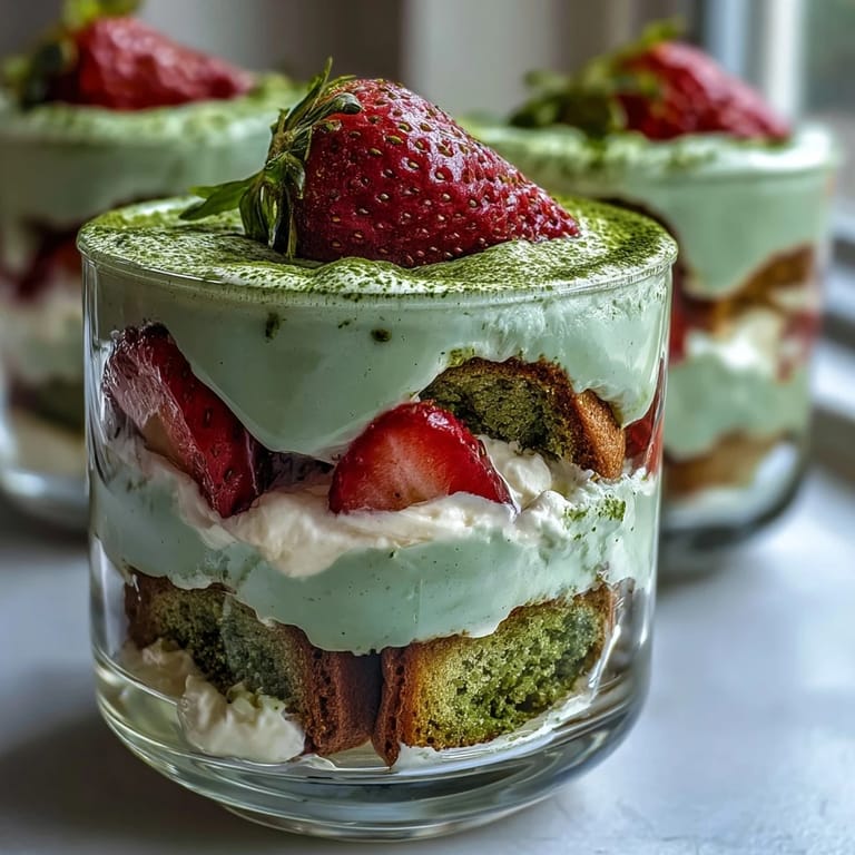Elegante tiramisú de fresa y matcha en capas listo para disfrutar.
