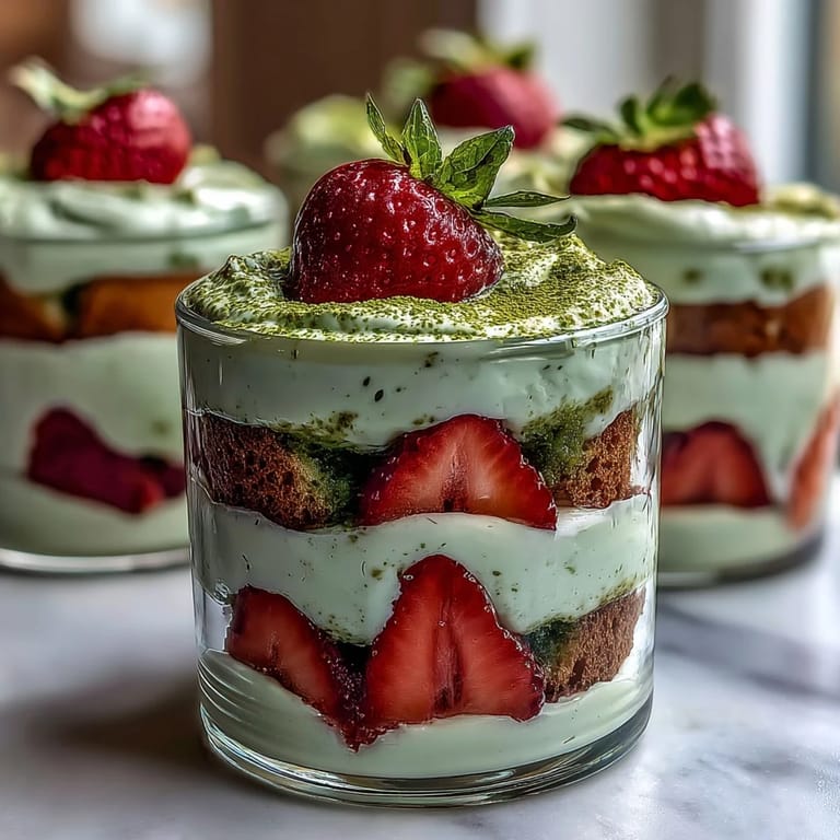 Delicioso postre de tiramisú con fresas frescas y matcha verde intenso.