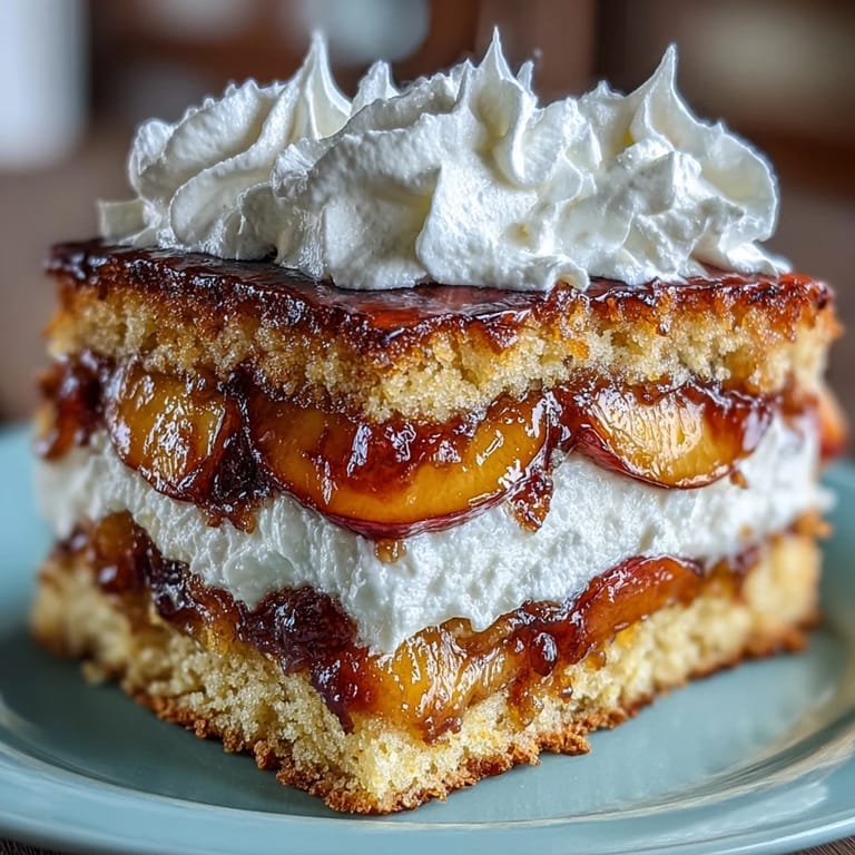 Sumérgete en este shortcake de cornbread con mantequilla dorada y melocotón dulce.