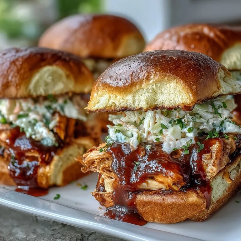 Deliciosos sliders de pollo a la barbacoa de melocotón con miel listos para servir.