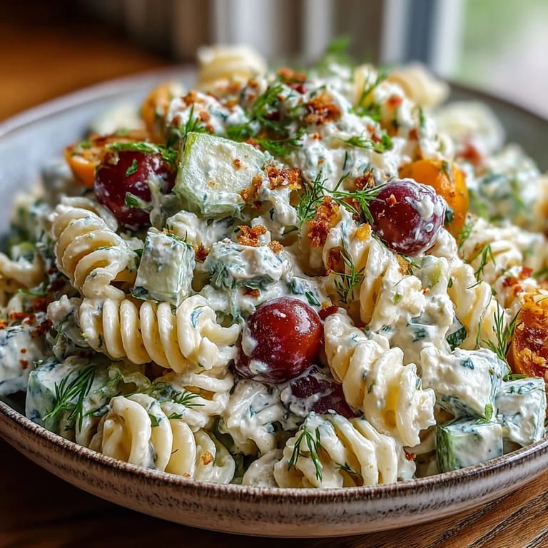 Crema de ensalada de pasta ranch con pepinillos, ideal para un picnic veraniego.
