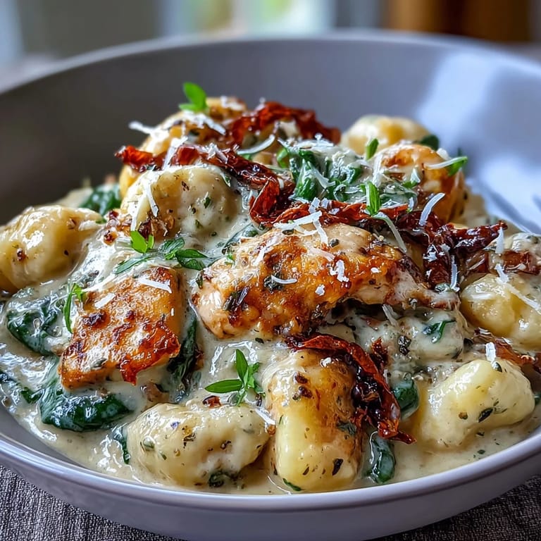 Disfruta este pollo toscano cremoso con ñoquis, tomates secos y espinacas abundantes.