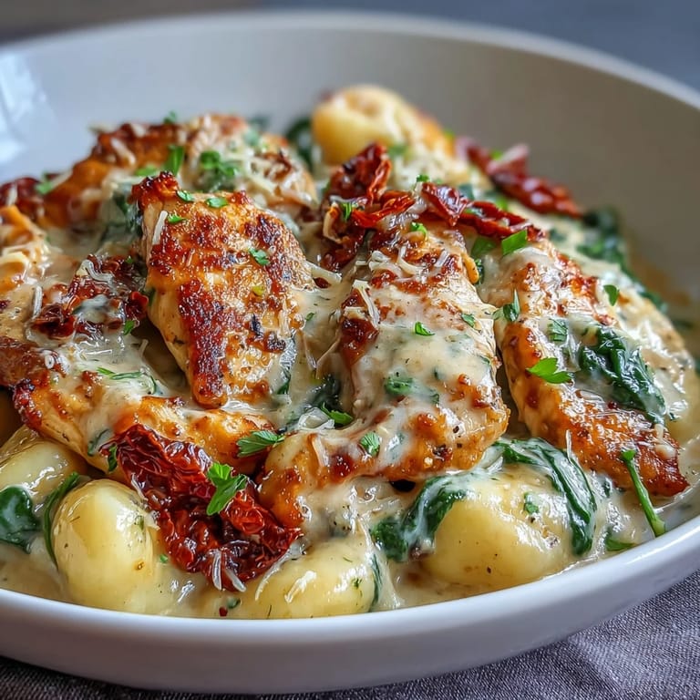 Cena fácil: pollo toscano cremoso con ñoquis, listo para servir con parmesano.