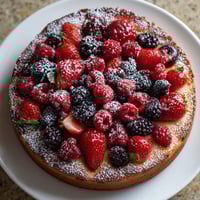 Tarta de frutas con frambuesas y arándanos.