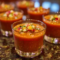 Cups of cold gazpacho shots with olive oil.