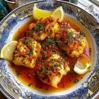 Plato de pescado a la parrilla con salsa de pimiento picado.