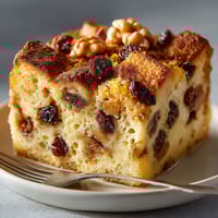 A slice of cake with nuts on top.