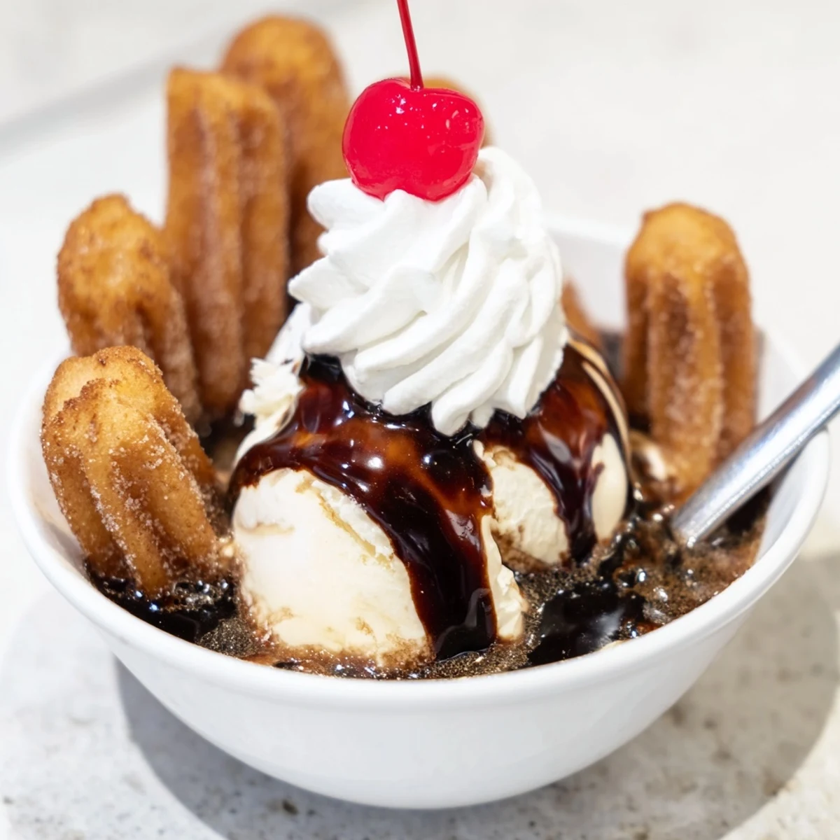 Decadent Rebel Float Churro Sundae topped with fizzy cola and chocolate drizzle.  