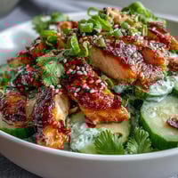 "Tazones de pollo con pepino y chili crisp al estilo TikTok: pollo jugoso, pepino cremoso y un toque picante."  