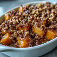 1. Candied yams casserole with pecan streusel topping, golden and bubbling from the oven, perfect for holiday feasts.  