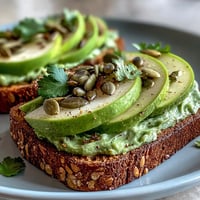 1. Vibrant avocado and green apple breakfast toast topped with crunchy pumpkin seeds and fresh herbs, perfect for a nutritious morning.