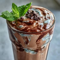 Batido cremoso de proteína con chocolate y menta, con banana congelada para un sabor fresco y dulce.