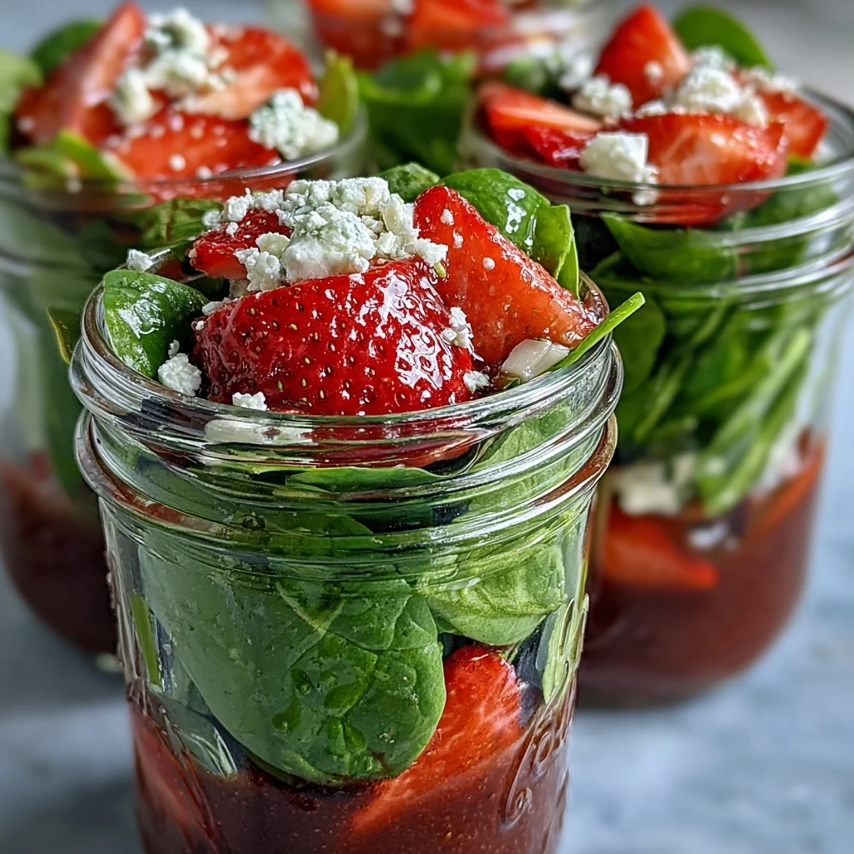 Un frasco de ensalada con capas de espinacas frescas, fresas dulces, almendras crujientes y queso feta, aderezado con vinagreta balsámica — ideal para preparar comidas con anticipación.