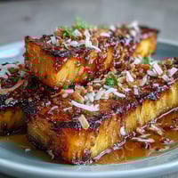 1. Pineapple asada con miel y lima cubierta con coco tostado, postre tropical dorado y aromático.  