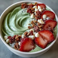 1. Creamy Strawberry Matcha Frappuccino-Style Smoothie Bowl with fresh strawberries, crunchy granola, and a vibrant green swirl.