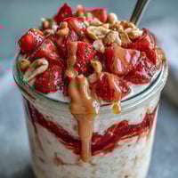 Tarro de avena nocturna con capas de crema, mermelada de fresa y mantequilla de maní, cubierto con fresas frescas y maní crocante.  