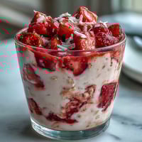 Frasco de avena nocturna con fresas y coco cremoso, cubierto con yogur y coco rallado.  