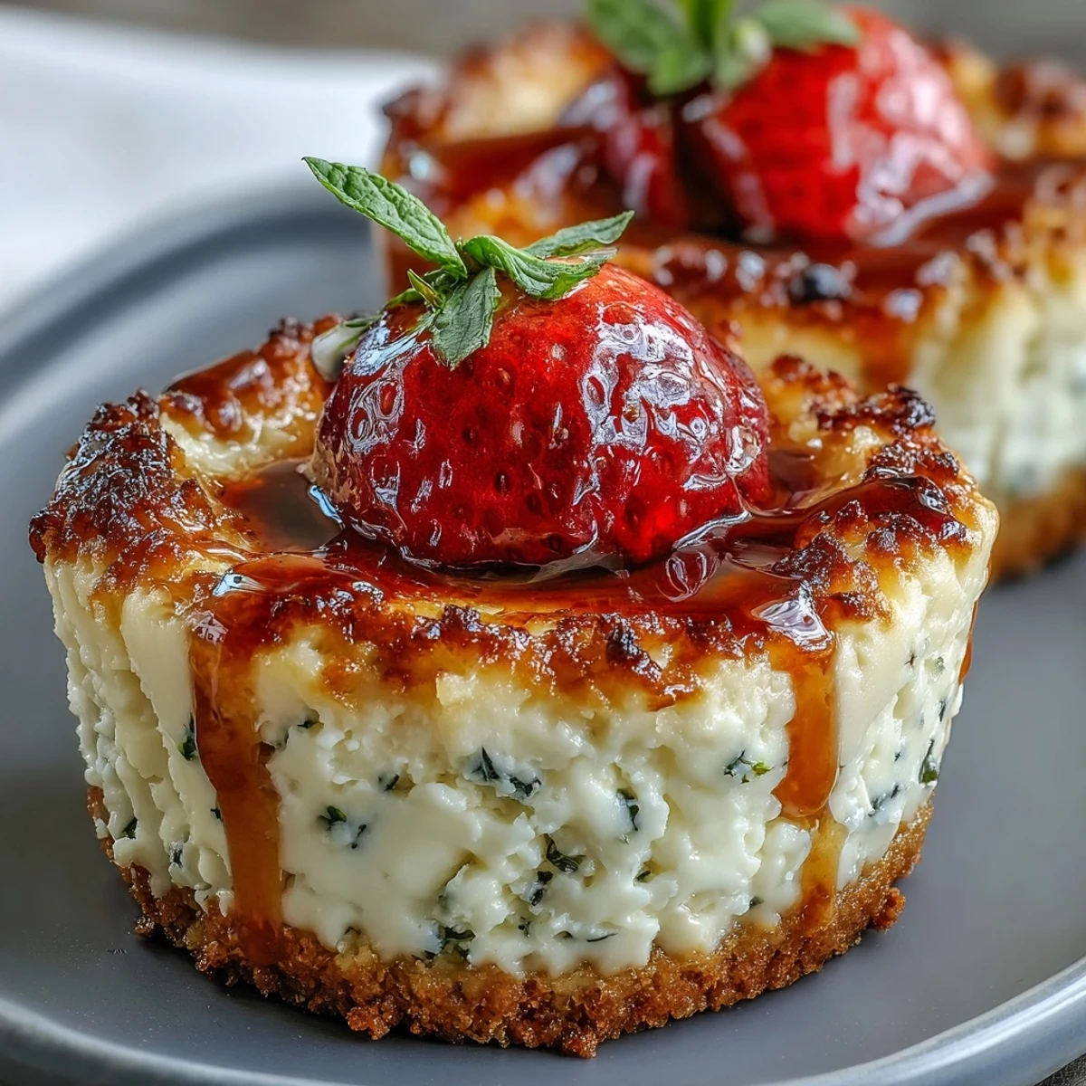 Tazas de cheesecake de requesón alto en proteínas con base de almendras y relleno cremoso de yogur griego.  