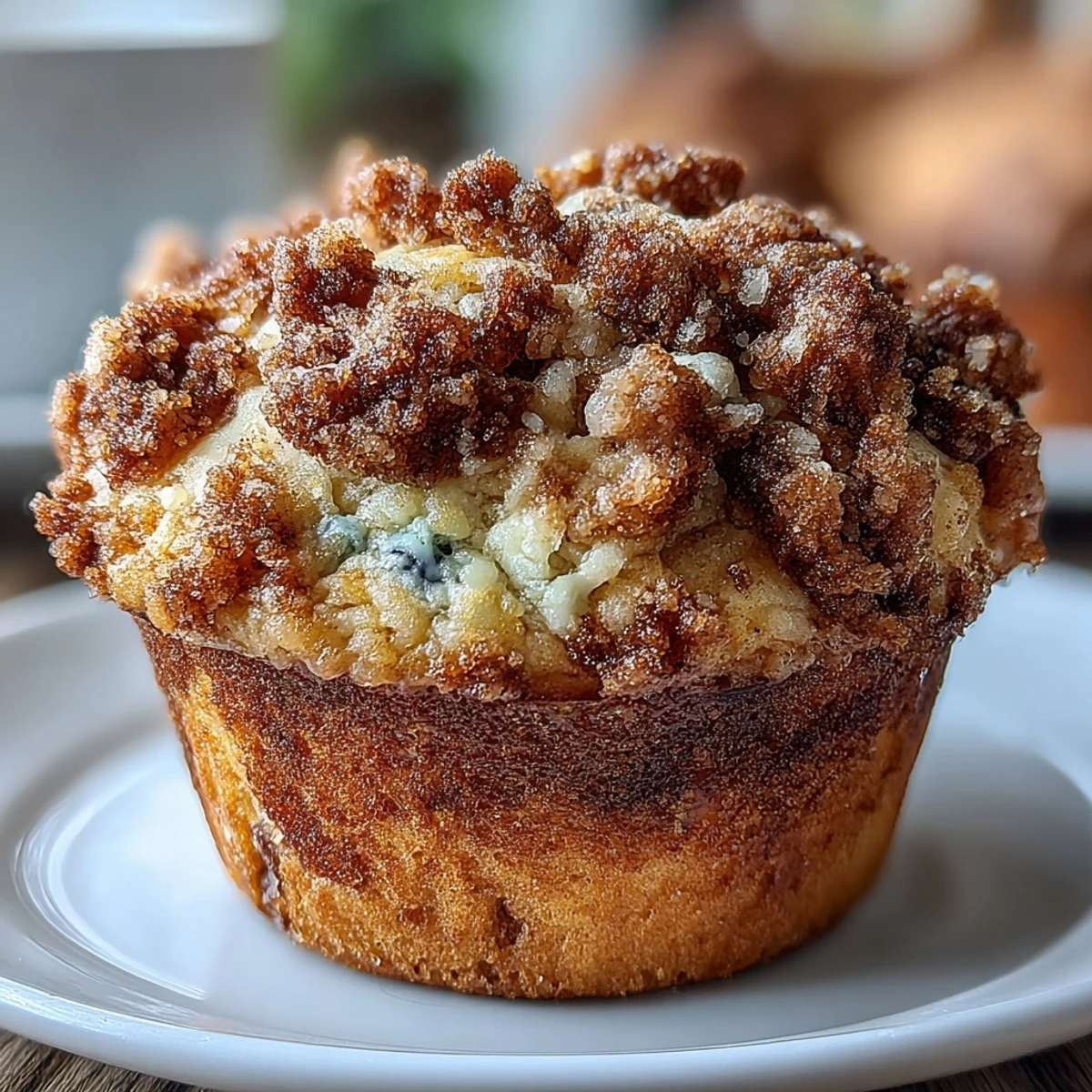 Muffins de migas de masa madre de limón y arándanos con una cobertura dorada y crujiente, rellenos de arándanos jugosos y ralladura de limón fresco.